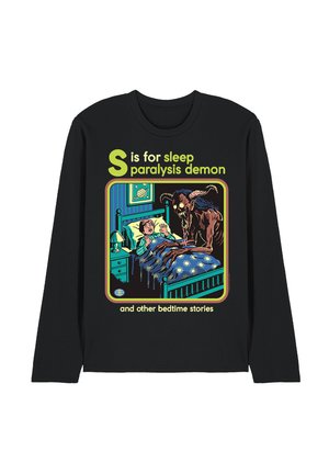 Black long-sleeve shirt with graphic of frightened child in bed and horned demon looming over, text "S is for sleep paralysis demon."