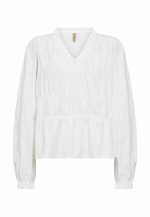 Witte blouse met lange mouwen, v-hals en geplooide textuur. Elastische manchetten en taille-detail, gemaakt van lichtgewicht, zachte stof.