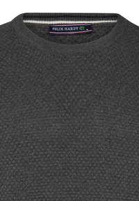 Maglione grigio scuro con un motivo testurizzato. Presenta un collo rotondo e un'etichetta con la scritta "FELIX HARDY". Bordo a costine al colletto.