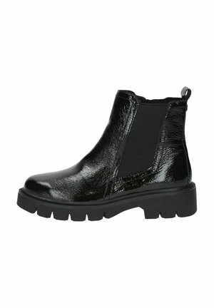 Bottines Chelsea noires en cuir verni brillant, avec des panneaux élastiques sur les côtés, une languette, et une semelle en caoutchouc épaisse dotée d'un motif de semelle.