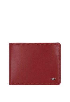 Red leather bi-fold wallet with visible stitching and a small silver bull-shaped logo in the bottom right corner.