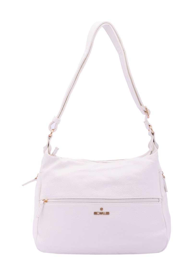 Sac à main en cuir blanc avec une finition texturée, doté d'une seule sangle ajustable, d'une poche zippée à l'avant et de quincaillerie dorée.