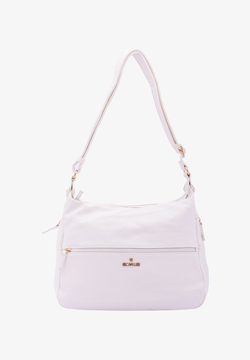 Witte lederen handtas met een gestructureerde afwerking, voorzien van een enkele verstelbare schouderriem, een voorzak met rits en hardware in goudkleur.