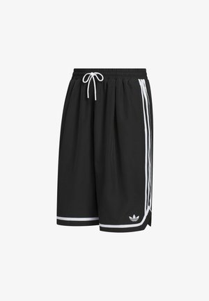 Shorts sportivi neri con cintura elastica e cordino bianco. Presentano strisce laterali bianche e un piccolo logo in basso a sinistra.