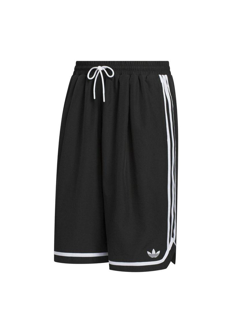 Shorts de sport noirs avec une taille élastique et un cordon de serrage blanc. Comprend des rayures blanches sur les côtés et un petit logo en bas à gauche.