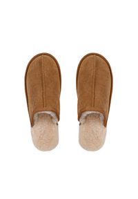 Bruine suède pantoffels met een pluche crèmekleurige voering, met een instapontwerp en een ronde neus. Zachte textuur en minimale stikseldetails.