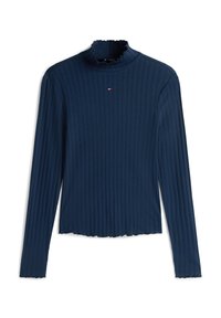 Μπλε ναυτικό ριμπ μπλουζάκι με μακριά μανίκια, ψηλό ραμμένο γιακά με βολάν και μικρή λεπτομέρεια λογότυπου στο στήθος. Μαλακή υφή με κομψό κοντό κόψιμο.