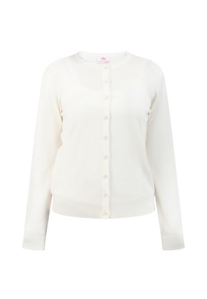 Hvid cardigan lavet af blødt materiale, med rund halsudskæring, lange ærmer og fuld knaplukning foran med små, glatte knapper.