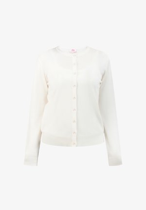 Gilet blanc en matériau doux, doté d'un col rond, de manches longues et d'une fermeture à boutons entièrement boutonnée à l'avant avec de petits boutons lisses.