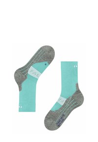 Turkusowe i szare skarpetki do kostek wyeksponowane w parze, z paskami i oznaczeniami rozmiaru oraz wzoru.