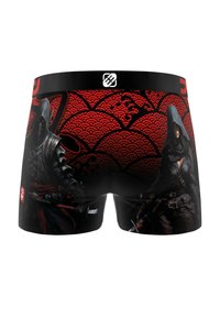 Boxer noirs avec des graphiques de style bande dessinée rouge et noir représentant deux figures encapuchonnées, des motifs complexes à la taille, avec un logo sur la ceinture.
