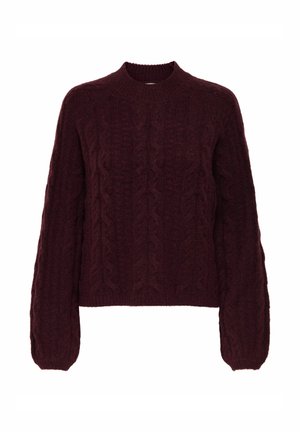 Burgunderfarbener Strickpullover mit Kabelmuster, hohem Kragen und langen, leicht puffigen Ärmeln. Weiche Textur und cropped Design.