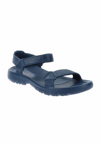 Sandalias de color azul marino hechas de goma, con correas ajustables, una suela texturizada para agarre y un diseño minimalista. Estilo plano y con los dedos al aire.