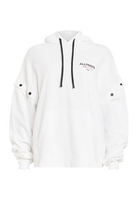 Sudadera blanca con un bolsillo frontal, cordones negros y un detalle de logo. Presenta mangas distintivas con pliegues y broches negros. Tejido suave.