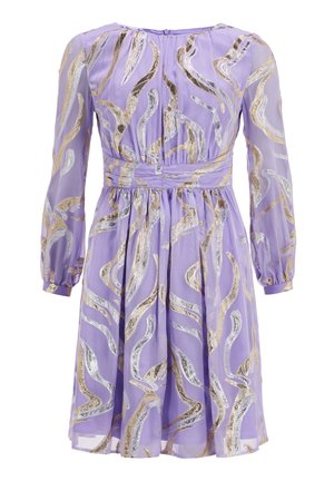 Lavender dress with long sleeves, featuring metallic wavy patterns in gold and silver, cinched waist, and flared skirt. Soft, sheer fabric.