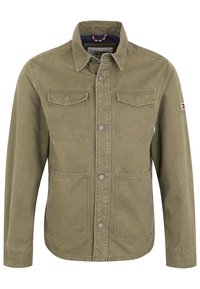 Olive green jacket with a button-up front, two chest pockets, and side pockets. Features a collar and subtle brand logo on the sleeve.