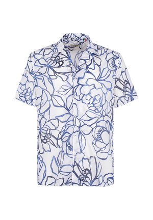 Camicia bianca a maniche corte con grandi motivi floreali a linee blu e grigie, abbottonatura frontale e colletto classico.