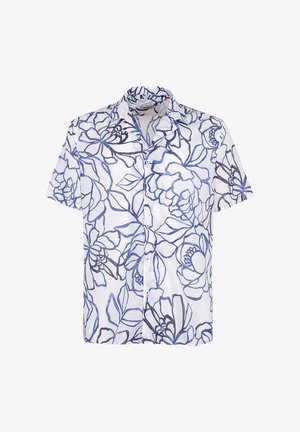 Wit shirt met korte mouwen en grote bloemmotieven in blauw en grijs, met knopen aan de voorkant en een klassieke kraag.