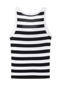 Stribet tanktop i sort og hvid med en ribbet tekstur, der har brede stropper, en rund halsudskæring og et tætsiddende design.