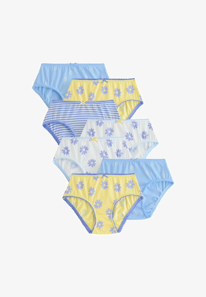 Sept culottes pour femmes en bleu, jaune et blanc avec des motifs floraux et rayés, disposées en chevauchement sur un fond blanc.