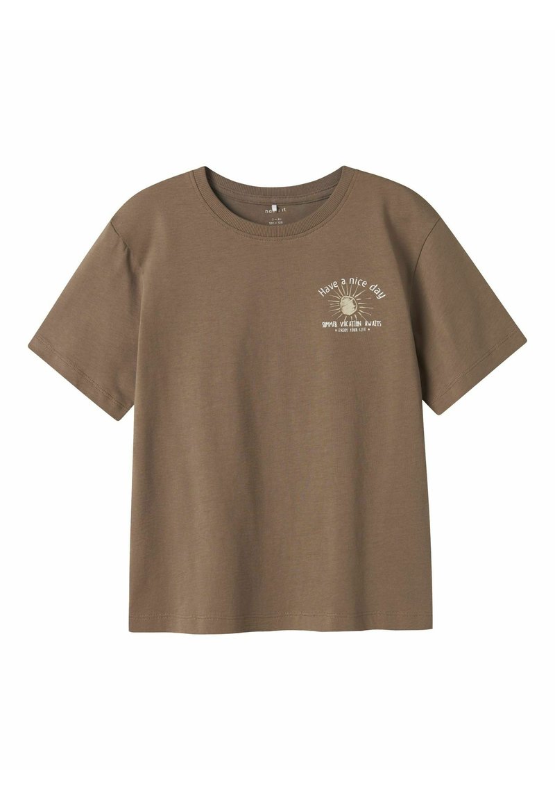 Brown cotton t-shirt with short sleeves and round neckline. Features white text "Have a nice day" with graphic design. Smooth texture.