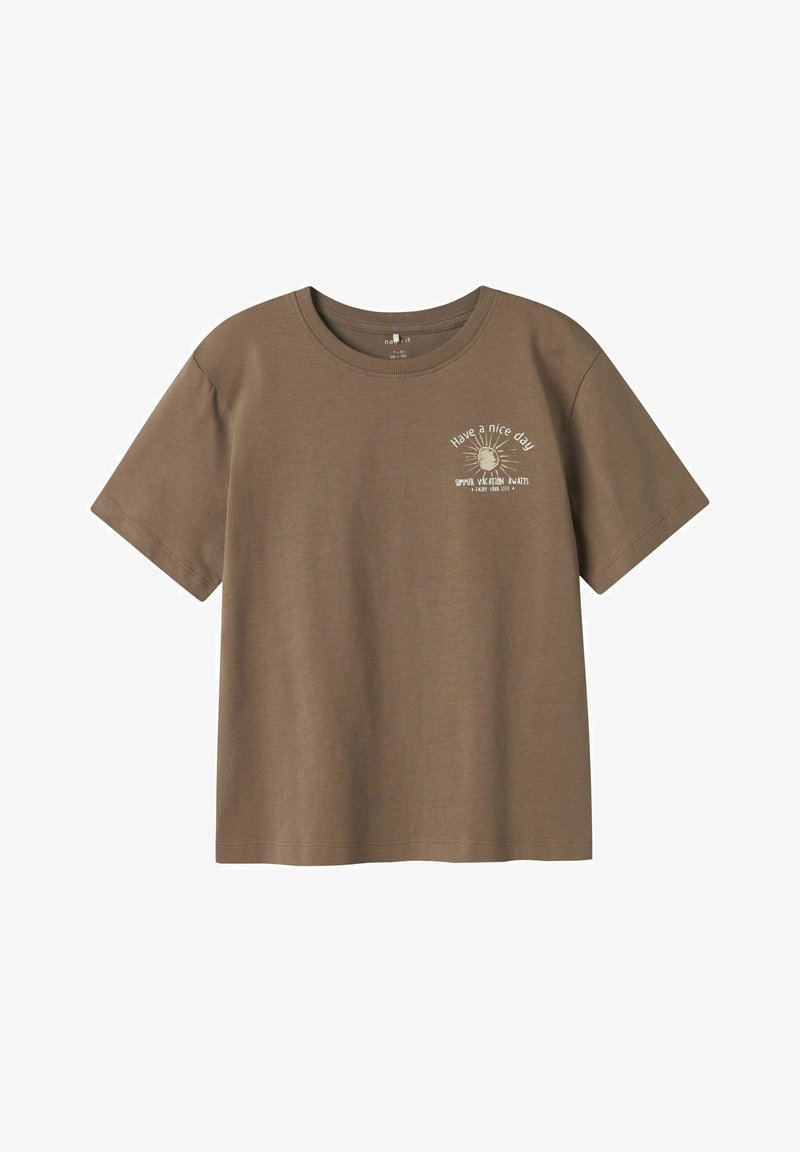 Brown cotton t-shirt with short sleeves and round neckline. Features white text "Have a nice day" with graphic design. Smooth texture.
