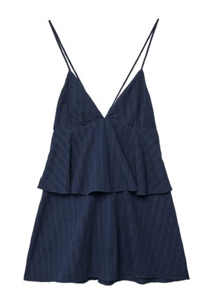 Marineblaues ärmelloses Kleid mit dünnen doppelten Schulterträgern, V-Ausschnitt, gestuftem Oberteil und A-Linien-Rock mit dezenten texturierten Streifen.