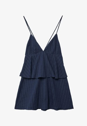 Marineblaues ärmelloses Kleid mit dünnen doppelten Schulterträgern, V-Ausschnitt, gestuftem Oberteil und A-Linien-Rock mit dezenten texturierten Streifen.