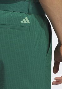 Zielone spodenki sportowe z teksturowanym wzorem, z tylną kieszenią i jasnozielonym logo na pasku.