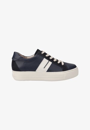 Navy blue leather sneaker with white accents and a textured suede back. Features beige laces and a thick white rubber sole.