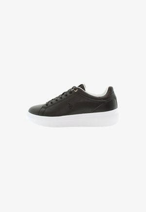 Black leather sneaker with white sole, lace-up design, and subtle embossed logo on the side, shown from the outer side.