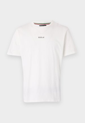 White cotton t-shirt featuring a v-neck design, short sleeves, and a small “REPLAY” printed on the chest. Smooth texture, casual fit.