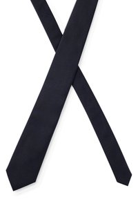 Gravata azul-marinho feita de tecido texturizado, com um design estreito. A gravata é afunilada em uma extremidade com uma ponta pontiaguda.