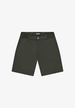 Donkergroene shorts gemaakt van ademende stof, met een elastische tailleband, steekzakken aan de voorkant en een knoopsluiting in de taille.