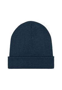 Cappellino a maglia blu navy con risvolto, texture liscia e cima senza cuciture, realizzato in materiale caldo e elastico.