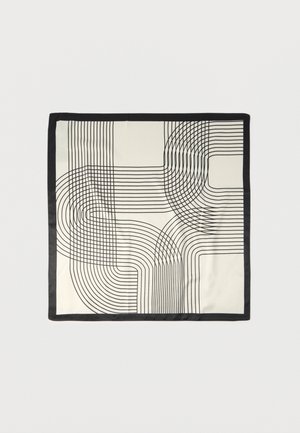 Šilkinė šalikas kreminės spalvos su juodu geometriniu linijų raštu, kuriame yra išlenktų ir tiesių linijų, baigta juoda kraštine.