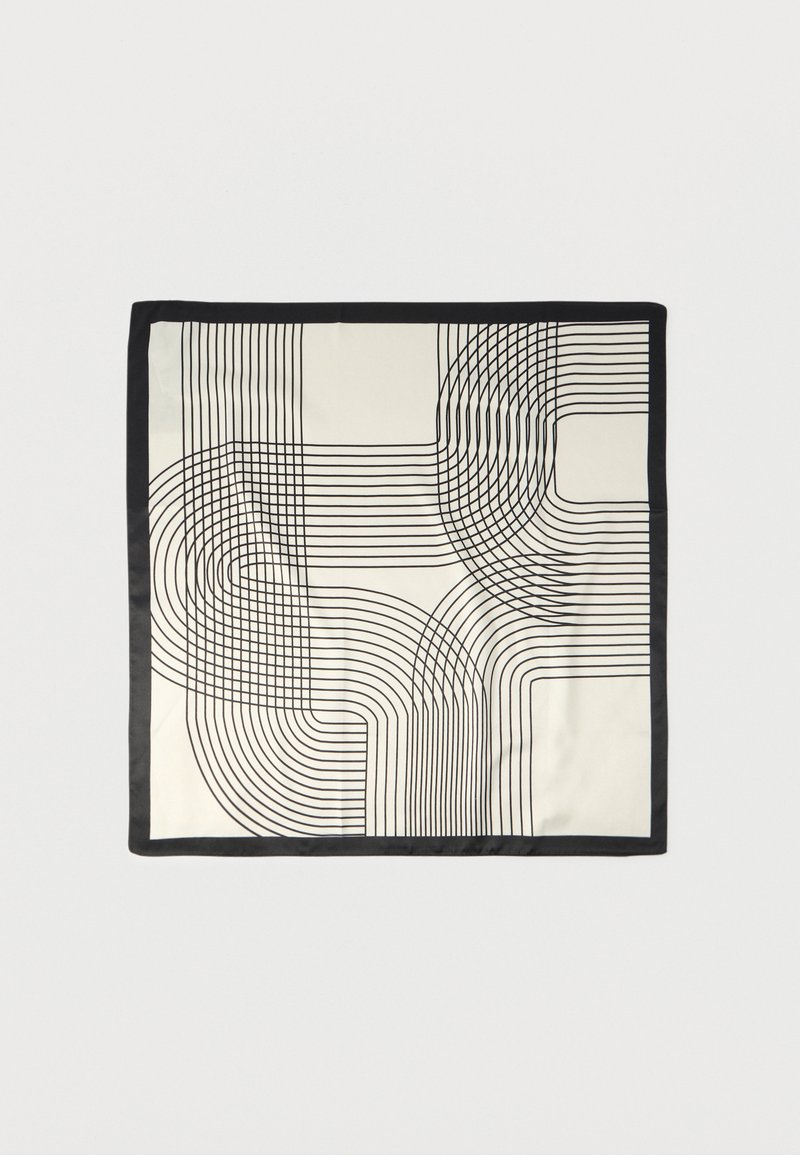 Μεταξωτό μαντήλι σε κρεμ χρώμα με μαύρο γεωμετρικό σχέδιο γραμμών, που περιλαμβάνει καμπύλες και ευθείες, με φινίρισμα μαύρου περιθωρίου.