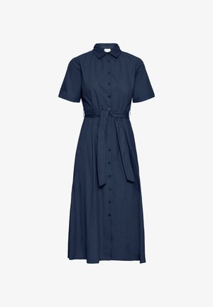 Tumed sinine nööpidega kleit, millel on krae, lühikesed varrukad ja vöökohale seotav rihm, valmistatud kergest kangast.