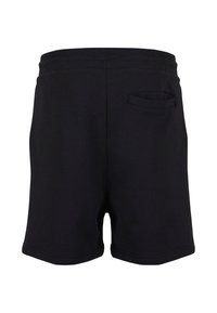 Mustat puuvillashortsit, joissa on sileä pinta, elastinen vyötärö ja yksi takatasku. Ominaisuudet: yksinkertainen muotoilu ja klassinen leikkaus.