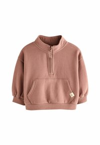 Różowy sweter z wysokim kołnierzem, zapięcie na pół-zamek, kieszeń z przodu oraz ściągacze przy mankietach. Wykonany z miękkiej, teksturowanej tkaniny.