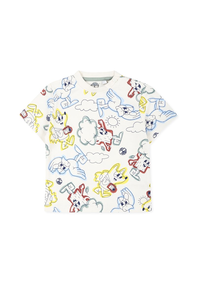 Korte mouwen katoenen t-shirt in gebroken wit met kleurrijke cartoonfiguren, wolken en een zon, met een relaxte pasvorm en ronde hals.