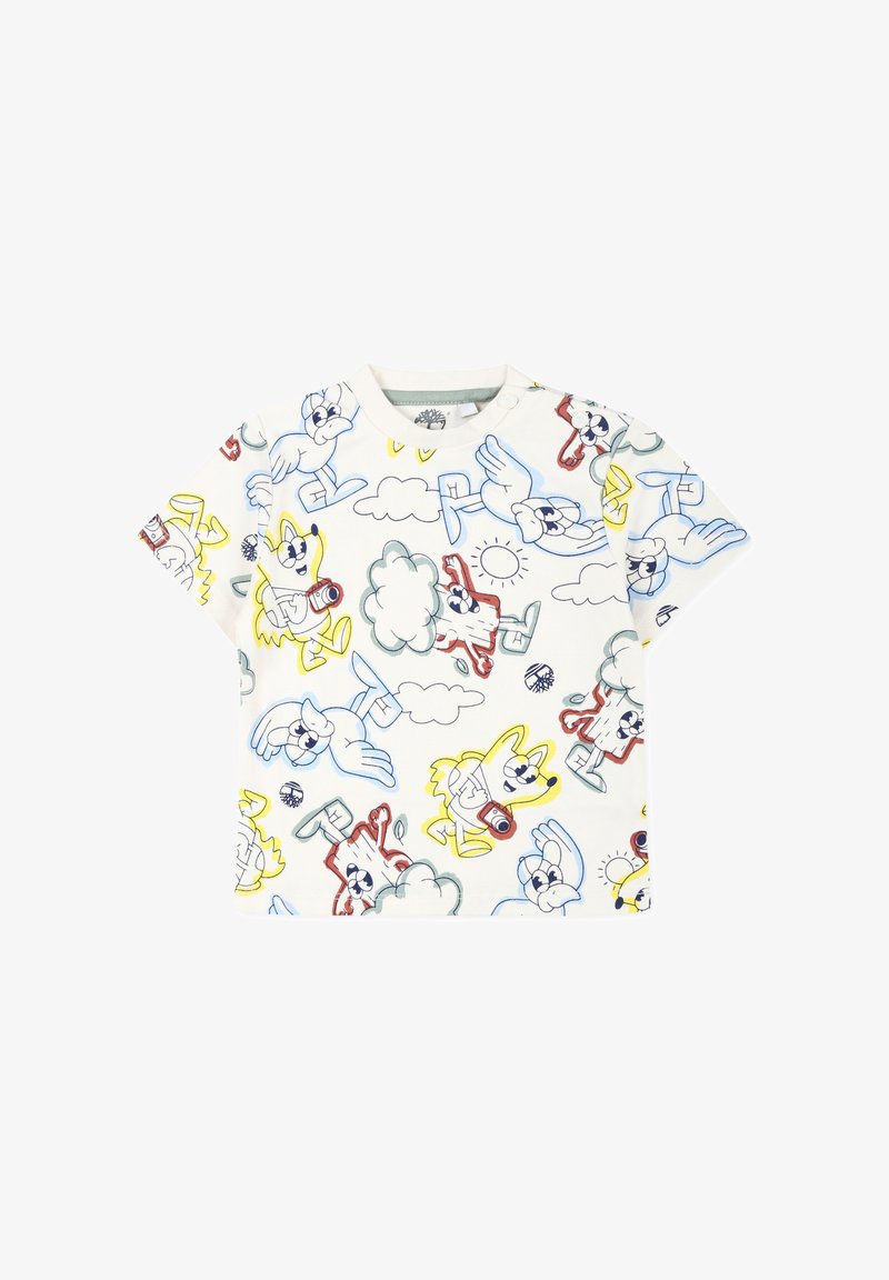 Korte mouwen katoenen t-shirt in gebroken wit met kleurrijke cartoonfiguren, wolken en een zon, met een relaxte pasvorm en ronde hals.