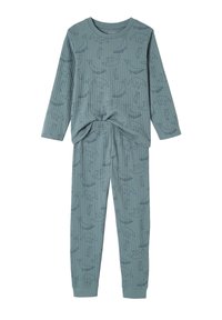 Blue ribbed children’s pajama set with long sleeves, pants, and line-drawn animal patterns including bears, whales, and penguins.
