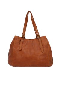 Brown leather tote bag with two adjustable handles, featuring metal hardware accents and a soft, textured surface. Spacious design.