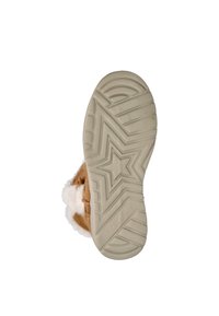 Bruine suede laars met een crèmekleurige bontvoering, met een getextureerde beige rubberen zool met een sterrenpatroon en verticale ribbels voor grip.