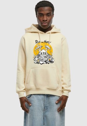 Cream hoodie featuring "Rick and Morty" graphic with a yellow circular background, drawing style artwork, and front kangaroo pocket.