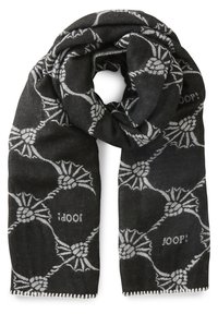 Écharpe noire avec un motif floral tissé en gris. Comprend des bords à franges et le mot "JOOP!" intégré dans le design. Texture douce.