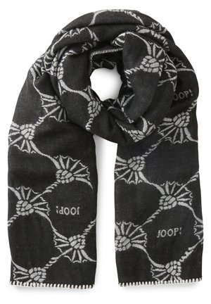 Schwarzer Schal mit einem gewebten Blumenmuster in Grau. Verfügt über Fransen und das Wort "JOOP!" ist in das Design integriert. Weicher Stoff.