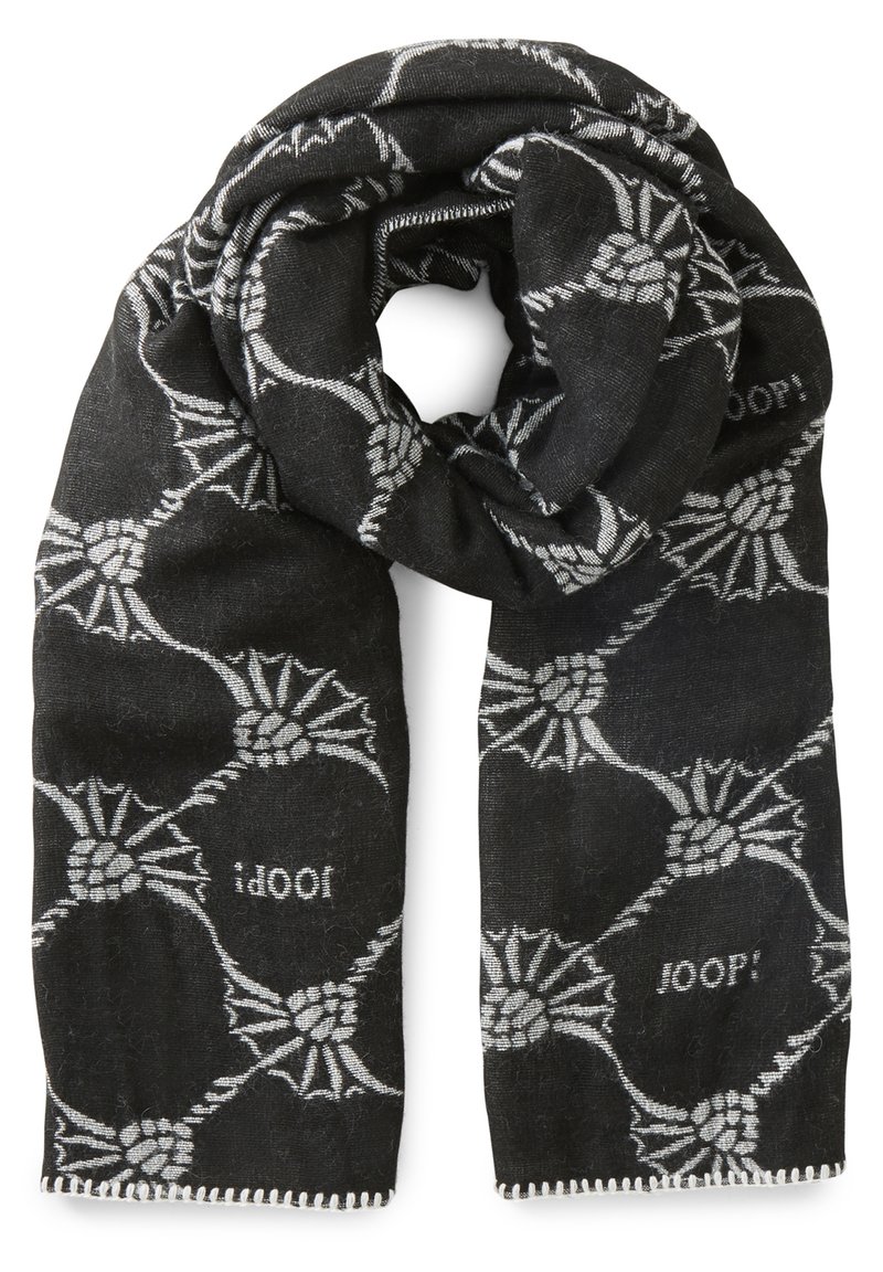 Écharpe noire avec un motif floral tissé en gris. Comprend des bords à franges et le mot "JOOP!" intégré dans le design. Texture douce.