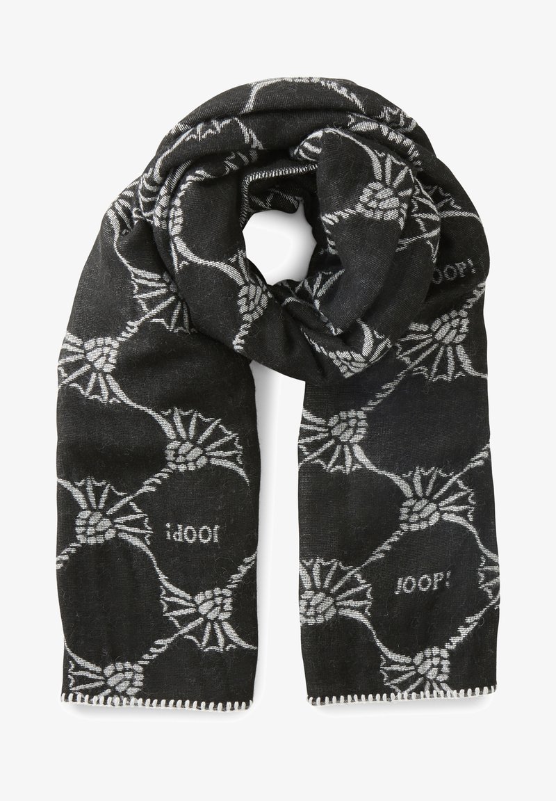 Sciarpa nera con un motivo floreale intrecciato in grigio. Presenta bordi frangiati e la parola "JOOP!" integrata nel design. Texture morbida.